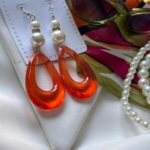 Orange acrylic and pearl drop earrings